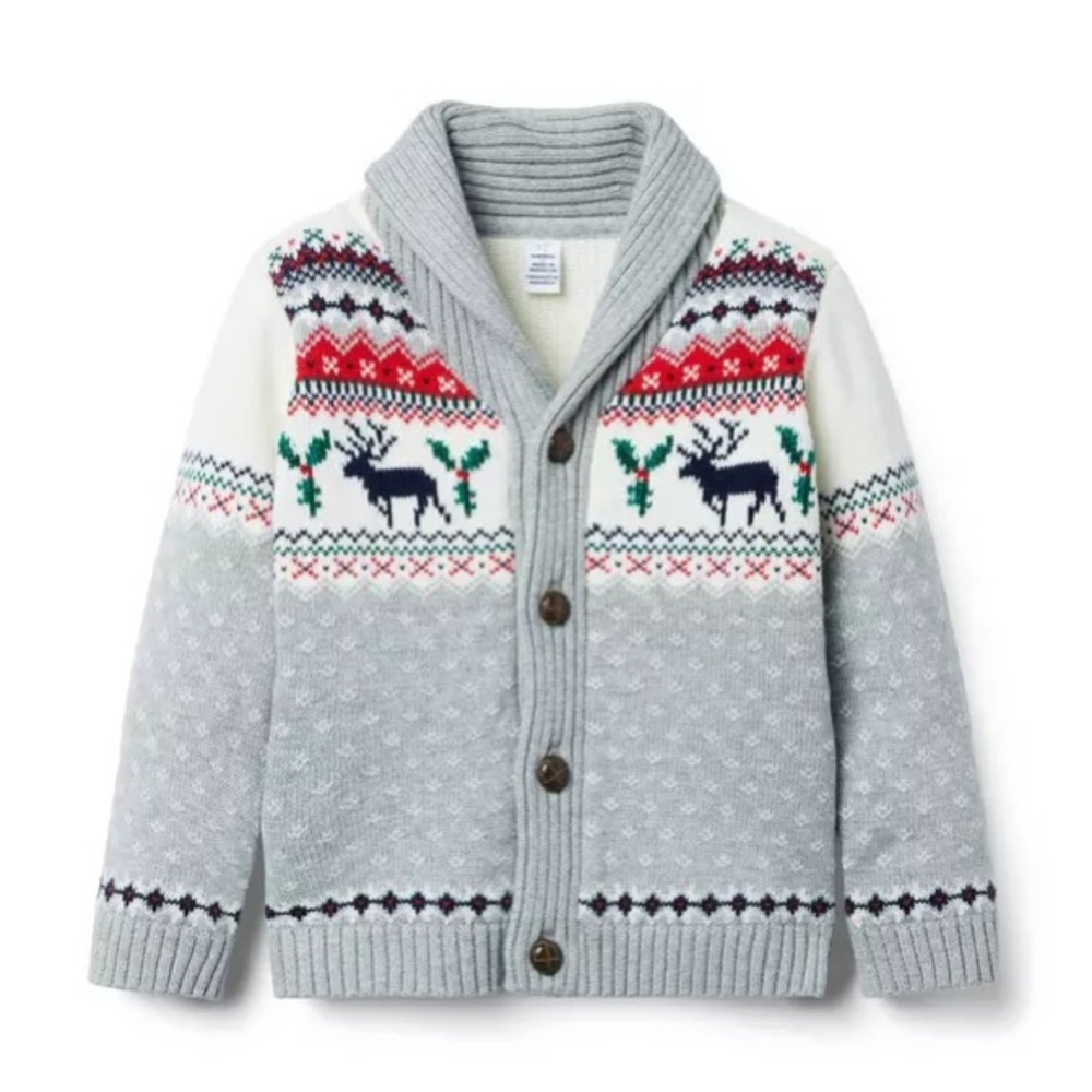 Janie and Jack Festive Fair Isle Grey Knit Sweater Cardigan Boy 12-18 Christmas
